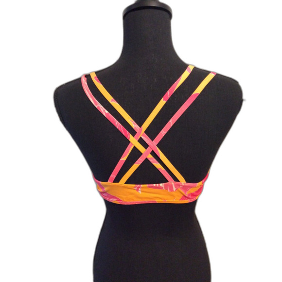 Athleta Medium M Criss Cross Back Floral Print Sport Bra Orange pink - Picture 2 of 4